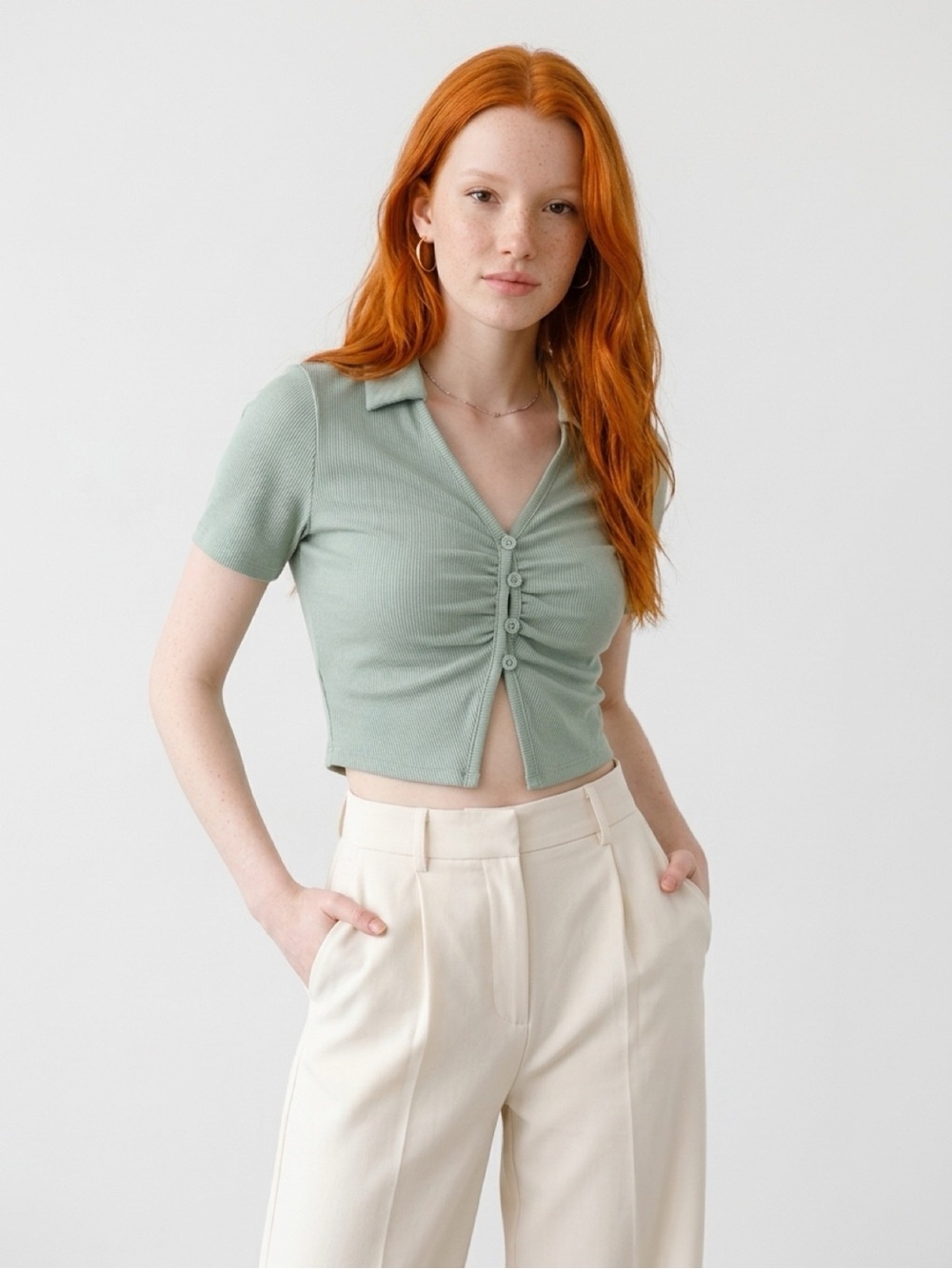 Mixed Threads Sage Green Ribbed Ruched Collared Crop Top Small